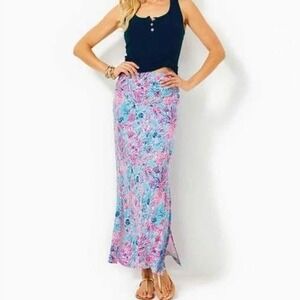 Lilly Pulitzer Blue Pink Coral Reef Print Adea Maxi Skirt Small Stretch Resort S